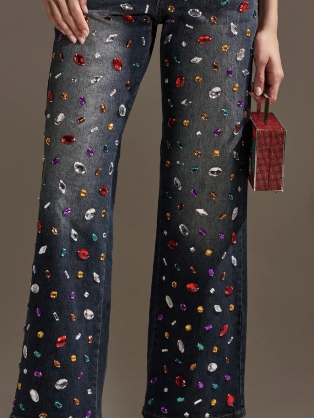 AKIRA Straight-Leg Jeans with Multicolor Jewel Embellishments - Dark Wash - Picture 3 of 9